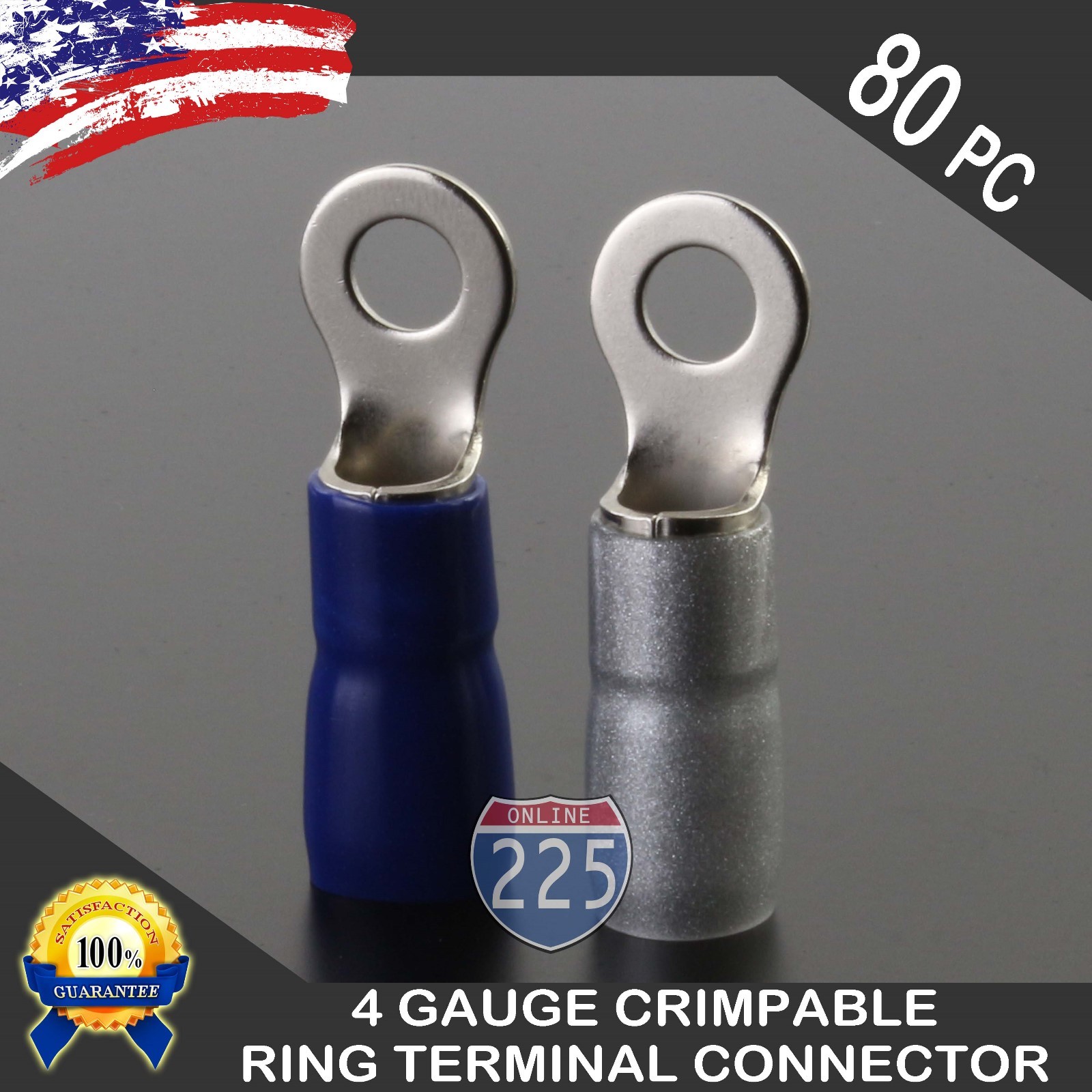 4 Gauge Platinum Ring Terminal 80 Pack Wire Crimp Silver Blue Boot 3/8″ Stud US
