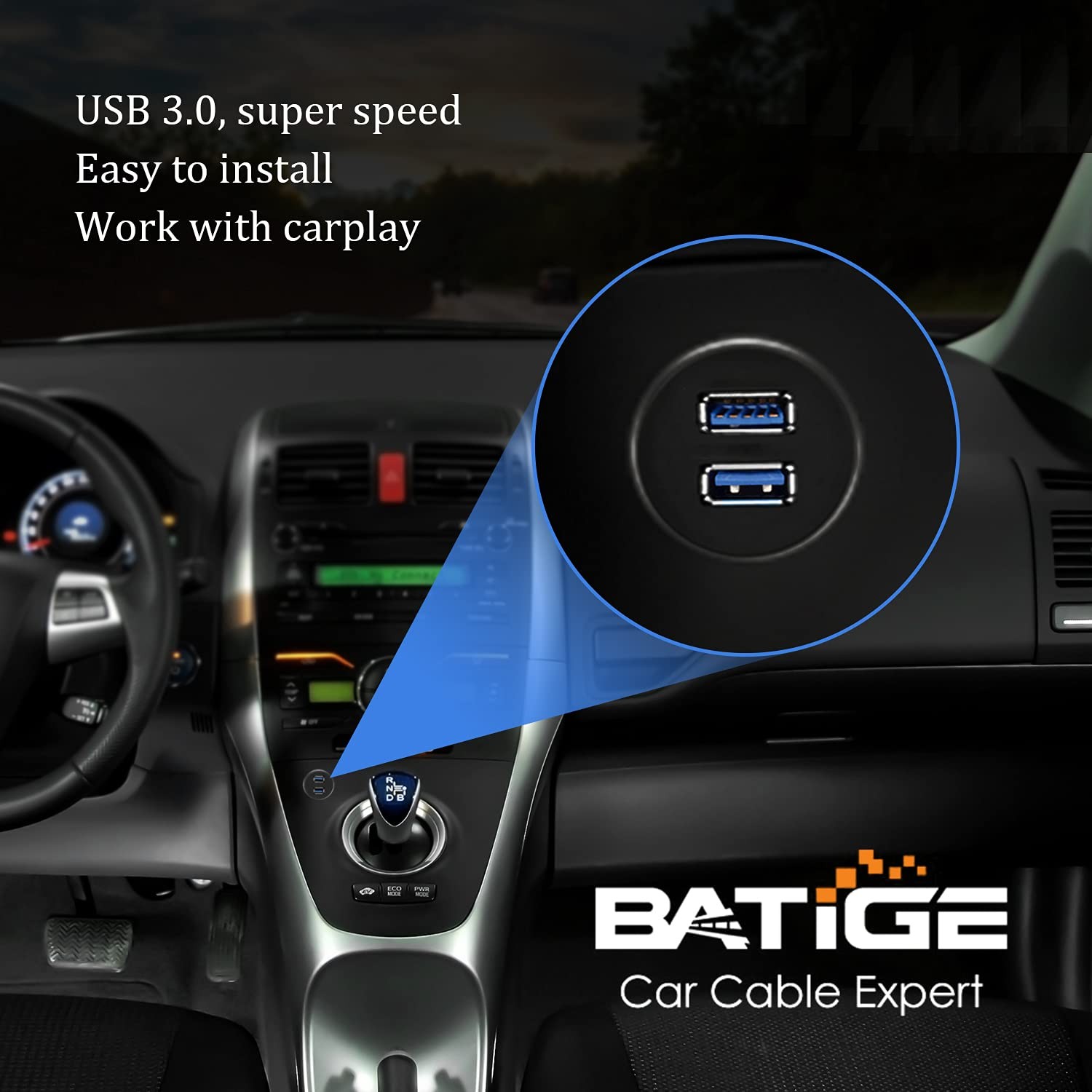 BATIGE 2 Ports Dual USB 3.0 Male to Female AUX Flush 1pcs 3ft, Black