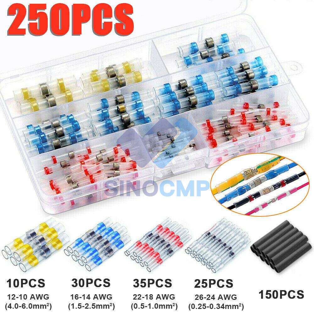 250pcs Waterproof Solder Seal Heat Shrink Wire Butt Terminal Connectors Kit Set