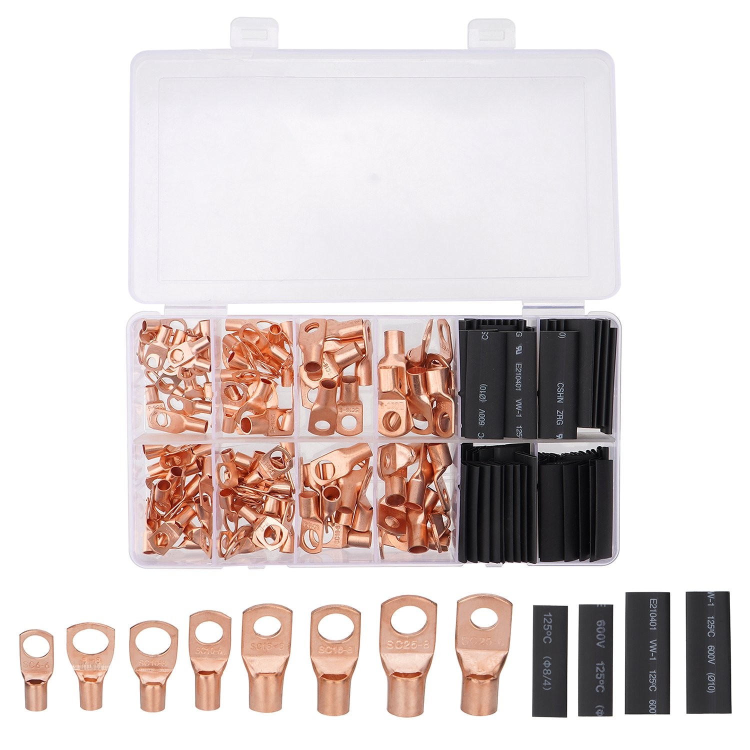 280PCS Copper Lugs Ring Terminals Bare Battery Welding Crimp Wire Connectors Kit