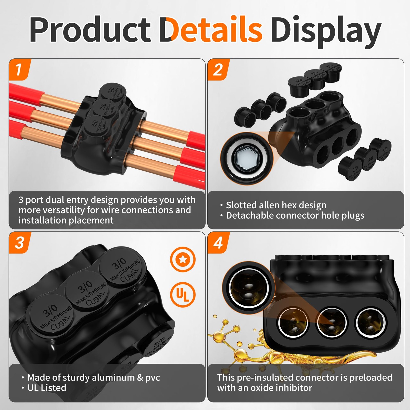 Joinfworld 3 Port Insulated Multi Tap Connector 3/06 Gauge Wire Connectors Al…