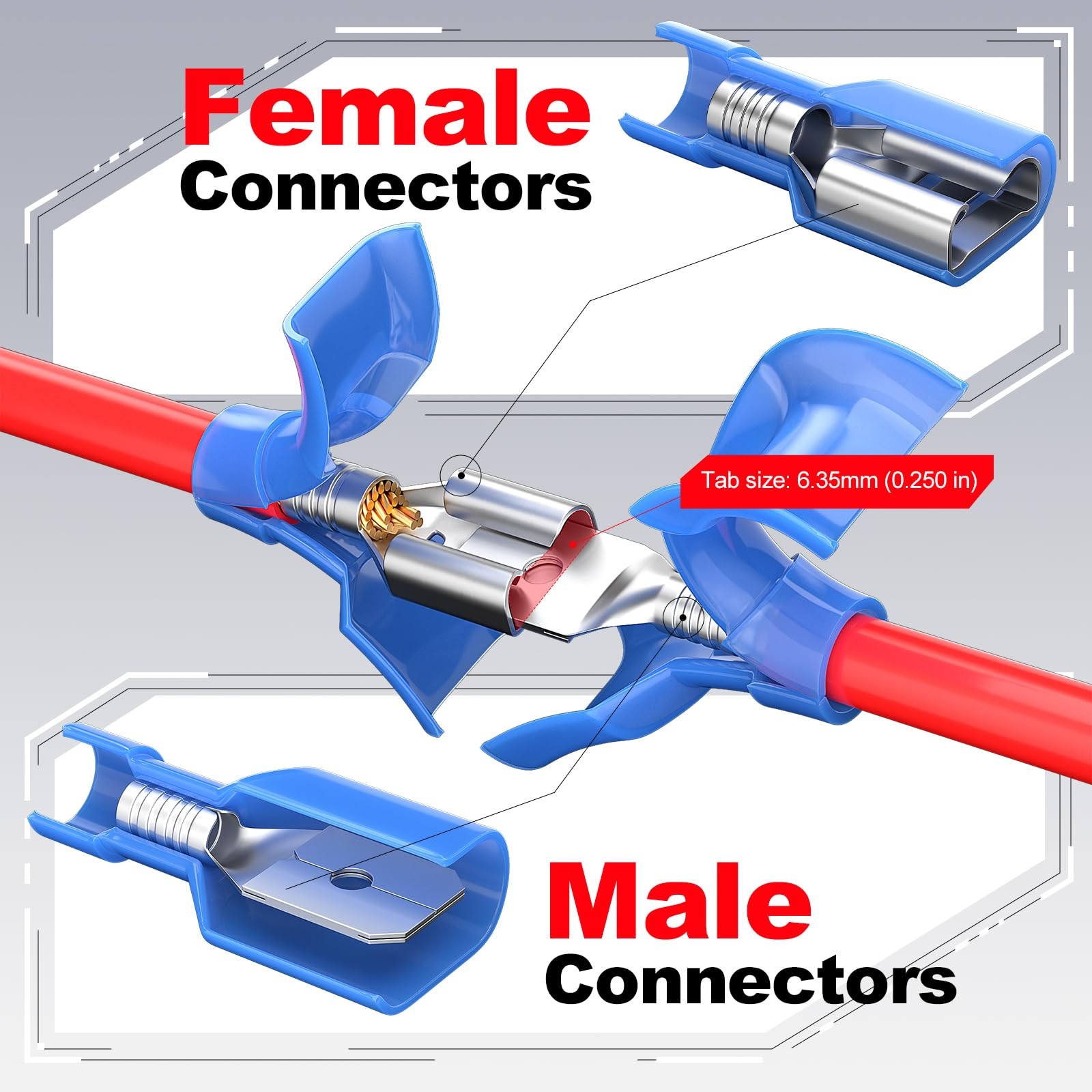 UL Listed Blue Female Spade Connector 16-14 AWG, 100 Pcs Nylon Electrical Cri…