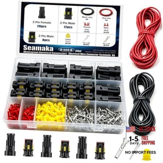 20Kit/202Pcs Car Waterproof Electrical Connectors 2 Pin Connector 202PCS Black