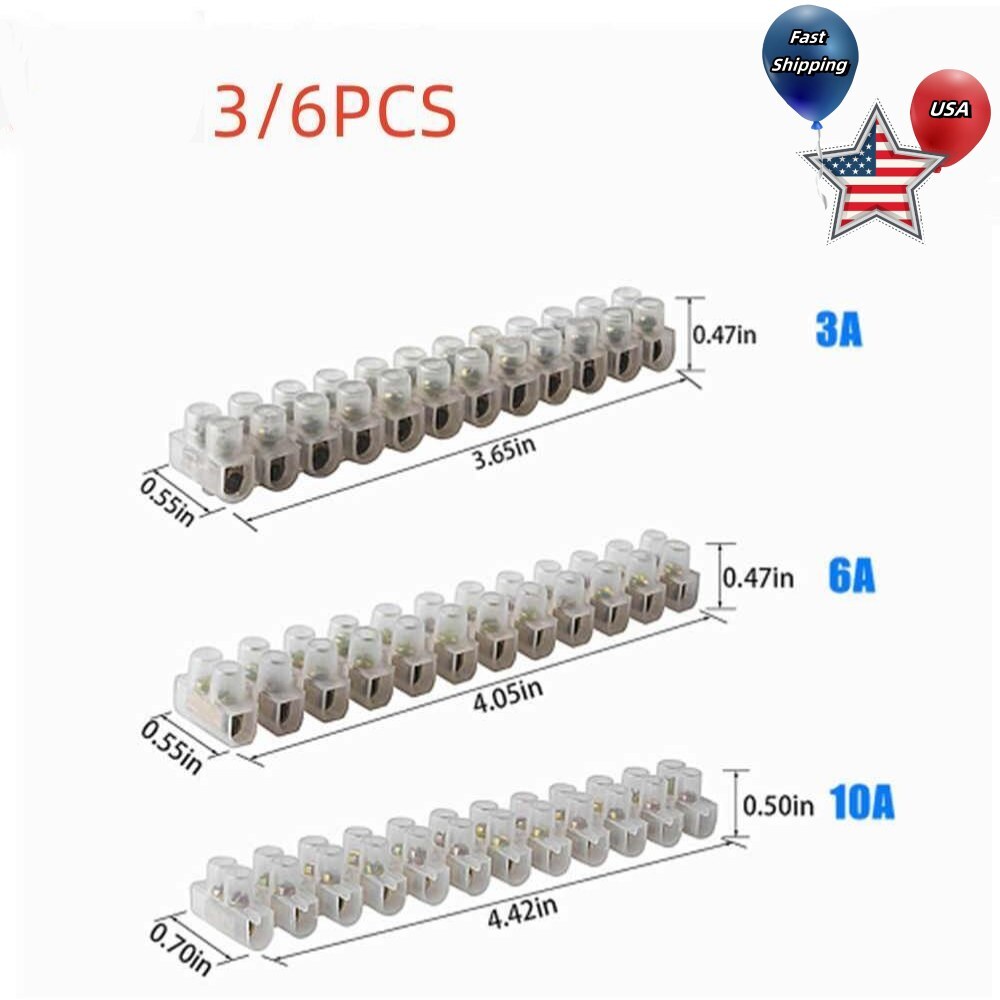 12 Way Barrier Screw Terminal Block Wire Connection Connector Strip US 3A 6A 10A