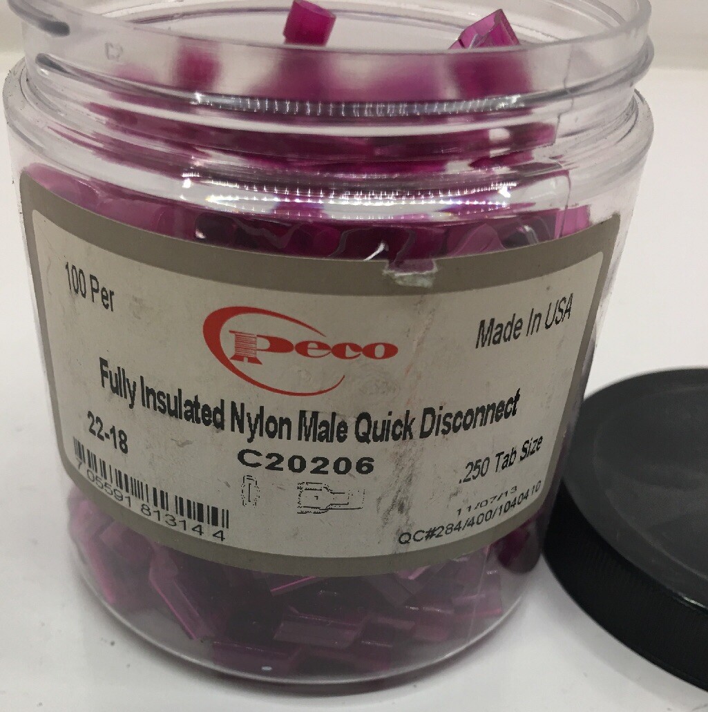 C20206 PECO LOT OF 100 FULLY INSULATED NYLON MALE QUICK DISCONNECT LOT OF 100