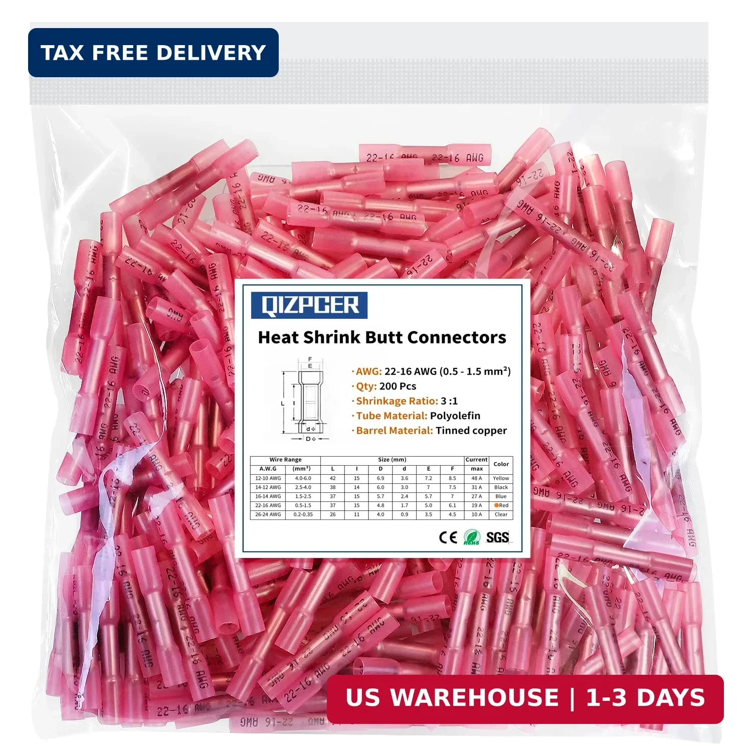 Heat Shrink Butt Wire Connectors, 200 Pcs Red 22-16 AWG Insulated Waterproof Ele