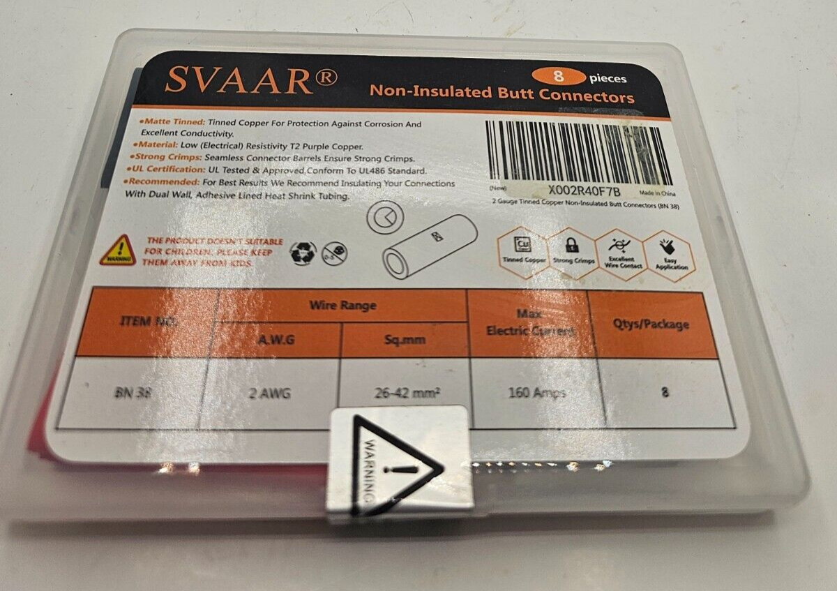 (QTY 8) SVAAR 2 AWG Butt Connectors 2 Gauge Non-Insulated Butt Splice Connectors