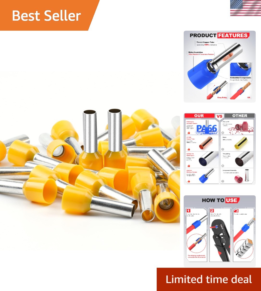 Versatile 10 AWG Wire Ferrule Connectors – Copper Crimp Terminals, 100 Pcs