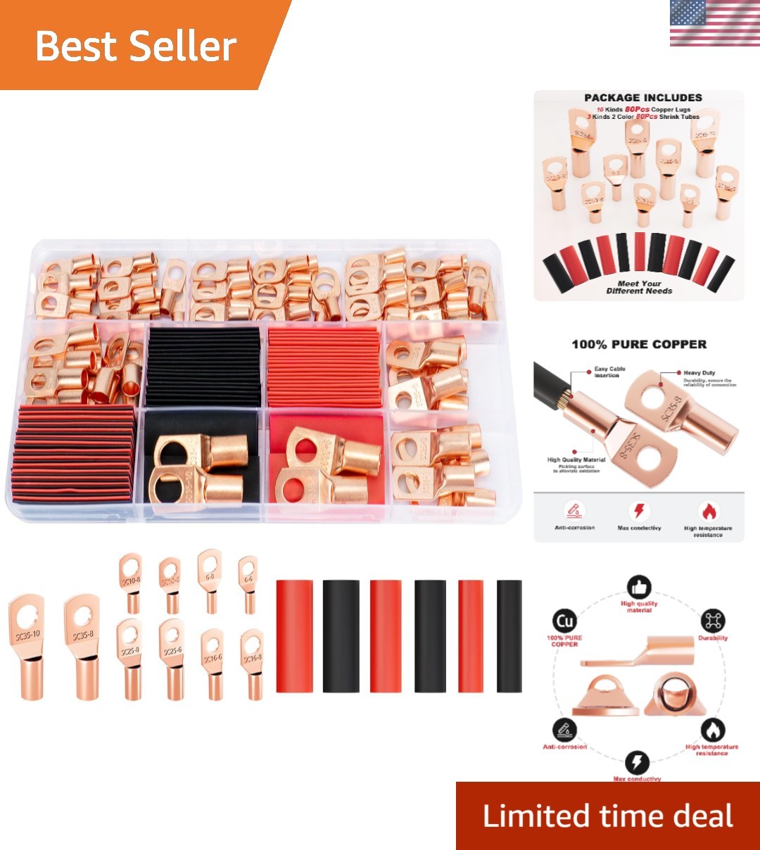 160pcs Copper Wire Lugs Kit with Heat Shrink Tubing – Versatile Crimp Connectors