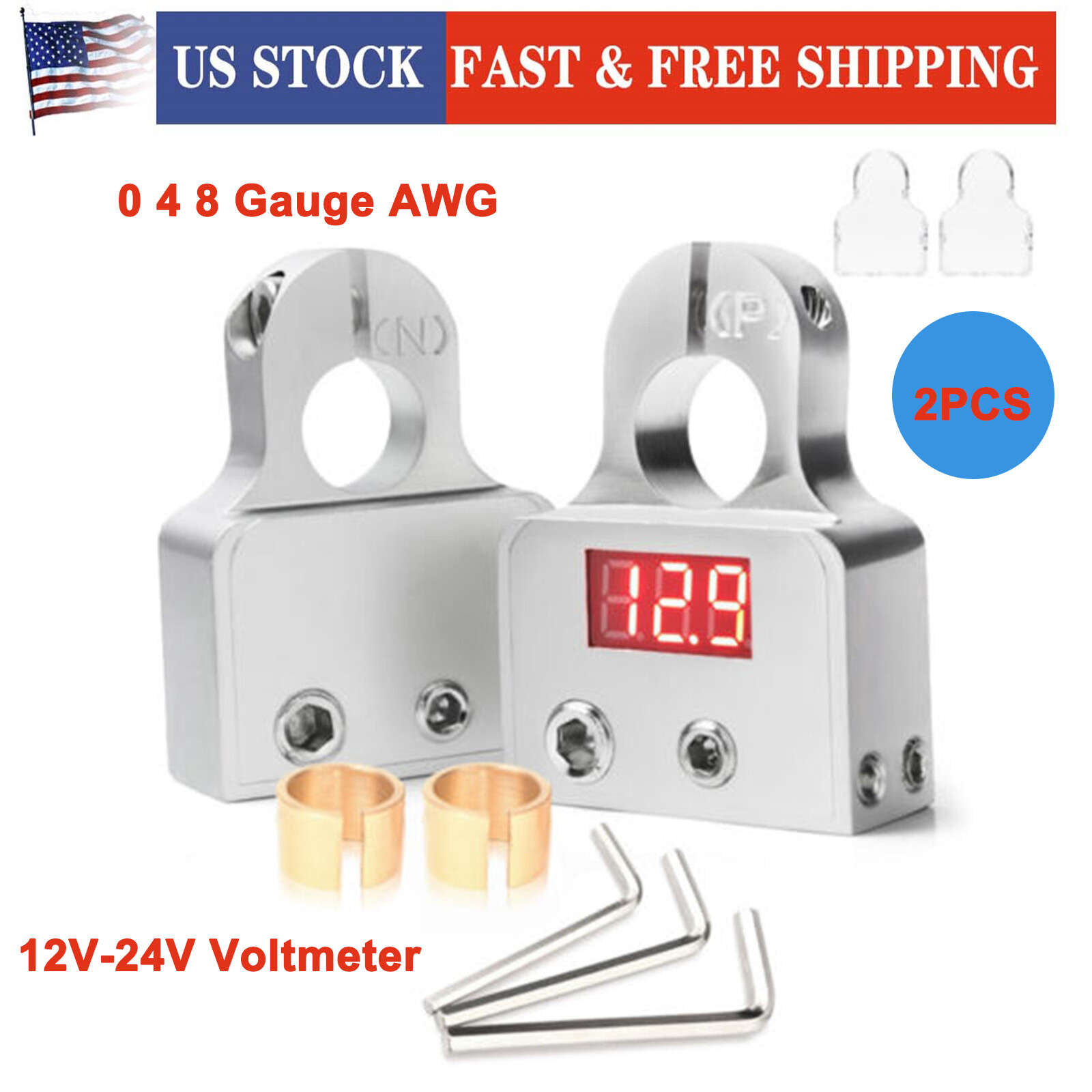 2x Car Digital Battery Terminal Connectors LED Voltmeter 0/4/8 Gauge Power Post