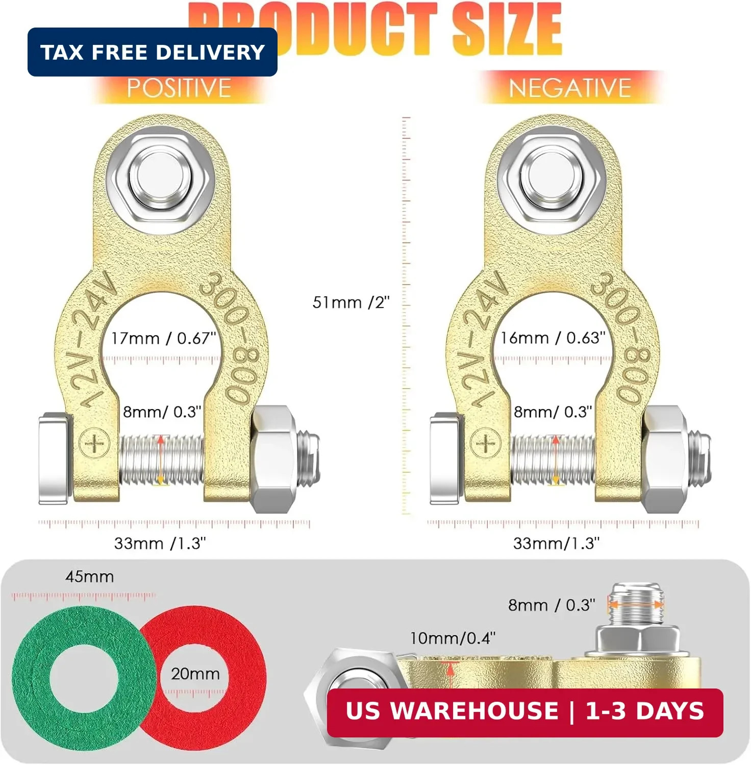Heavy Duty Battery Terminal Connectors, Pure Copper Battery Cable Ends with Anti