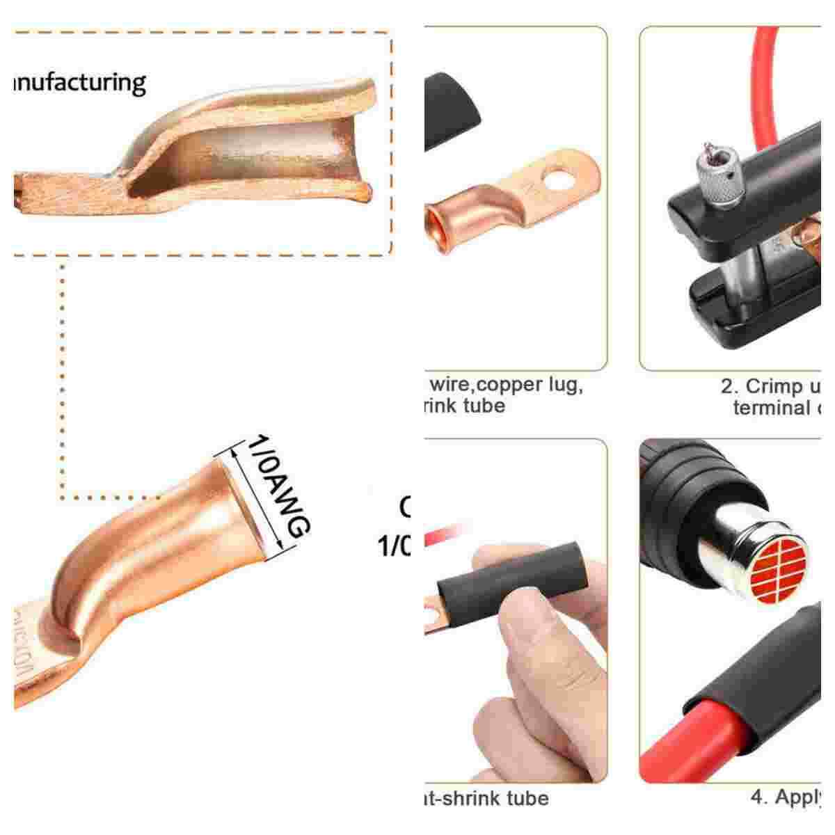 1/0AWG Gauge 5/16″ Copper Lugs +3:1 RED BLACK Heat Shrink Ring Terminals Set