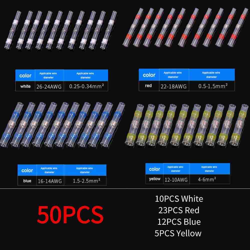 50Pcs 26-10 AWG Solder Seal Sleeve Heat Shrink Butt Wire Connectors Terminals