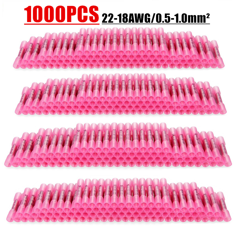 1000Pcs Heat Shrink Waterproof Wire Connectors Red 22-16AWG Butt Seal Terminals