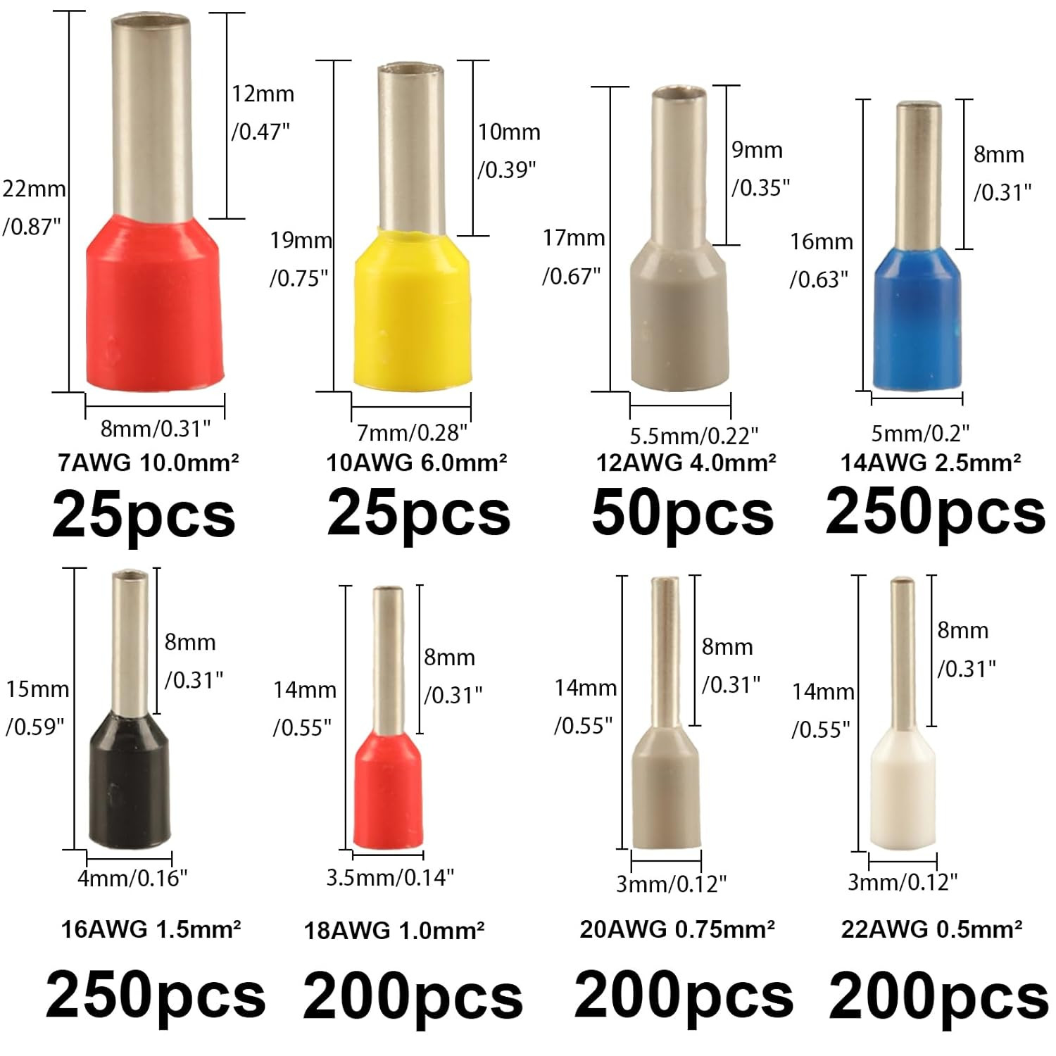 1200PCS Wire Ferrules Kit 8 Sizes Insulated Copper Crimp Connectors AWG 22-7