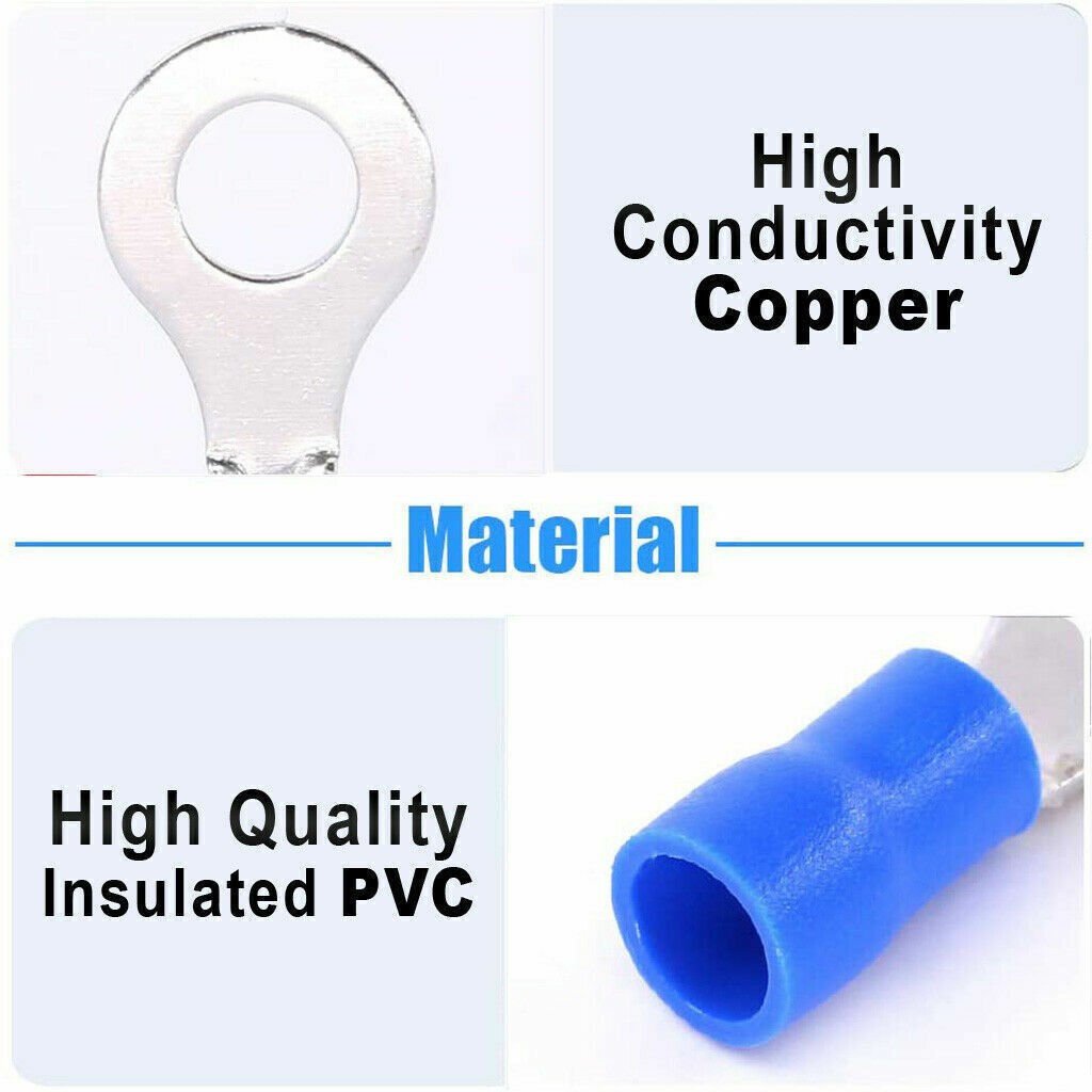 50/200pcs Blue 3-8mm Ring Terminals Crimp Gauge 16-14AWG Wire Connectors