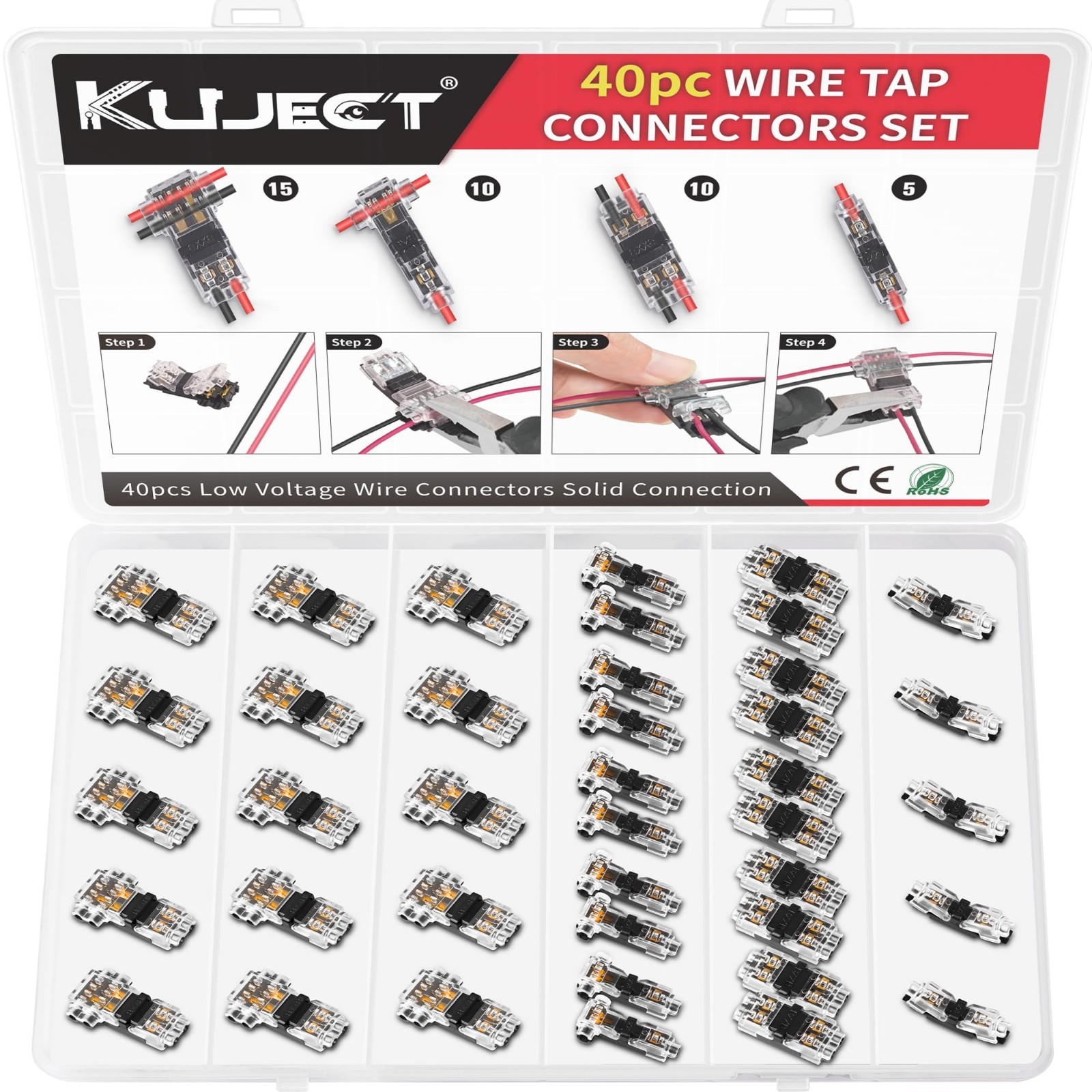 40pcs Wire Tap Connectors Kit, Solderless No-Stripping T-Tap for 24-20 AWG, 3-Wa