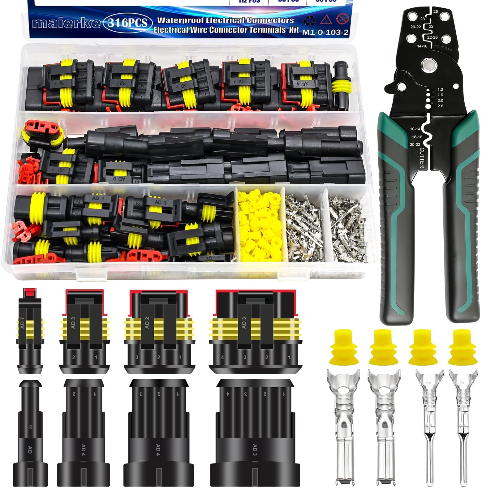 316PCS Waterproof Automotive Electrical Connectors Set, 1/2/3/4 Pin Wire Connect