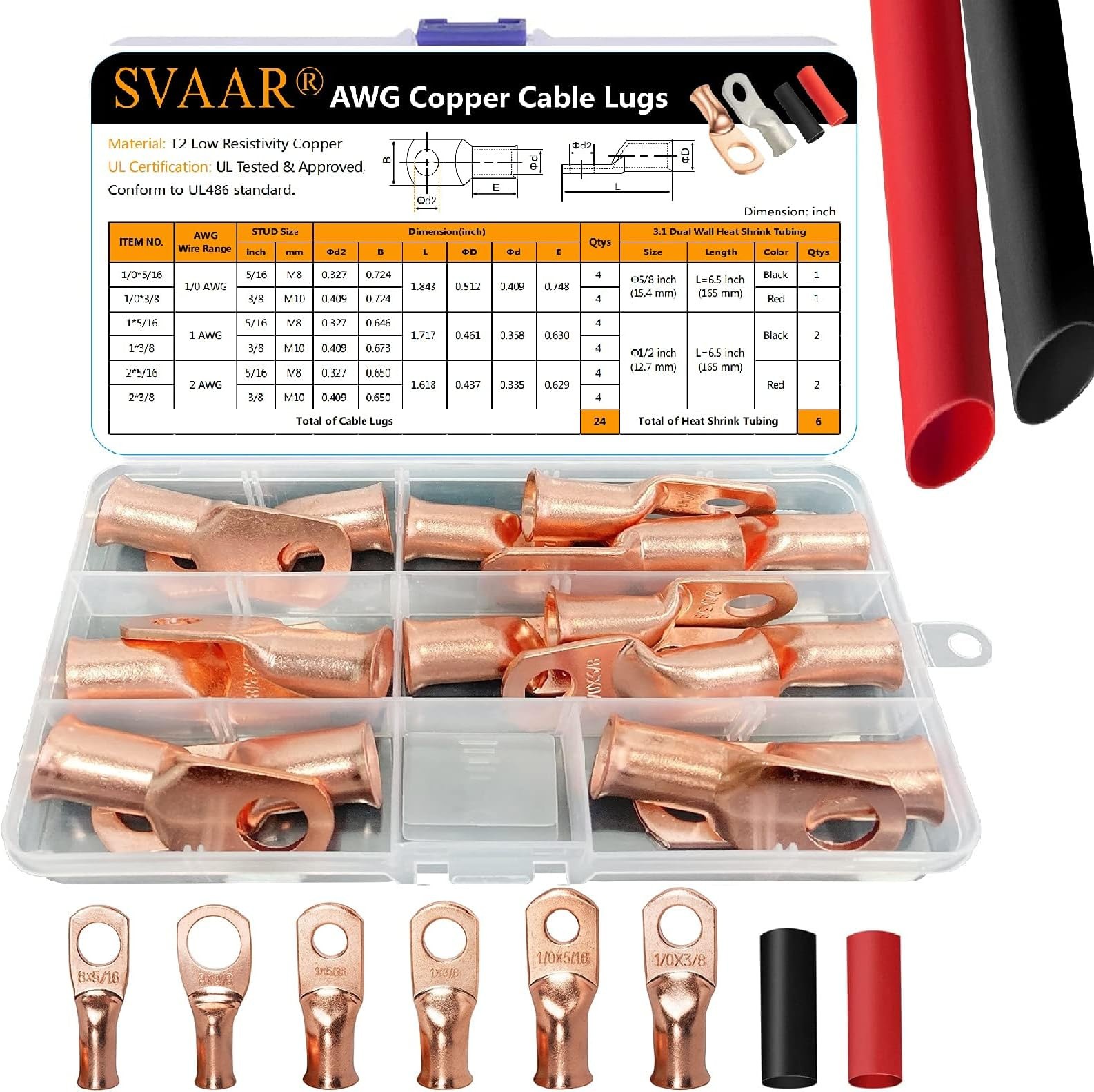 SVAAR 0 Gauge 1 Gauge 2 Gauge Copper Wire Lugs with 5/16″ and 3/8″ Stud Ring …