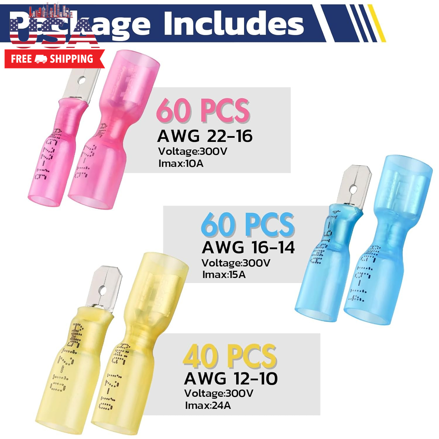 160Pcs Heat Shrink Spade Connectors,Awg 22-10 Female and Male Wire Connectors,Qu