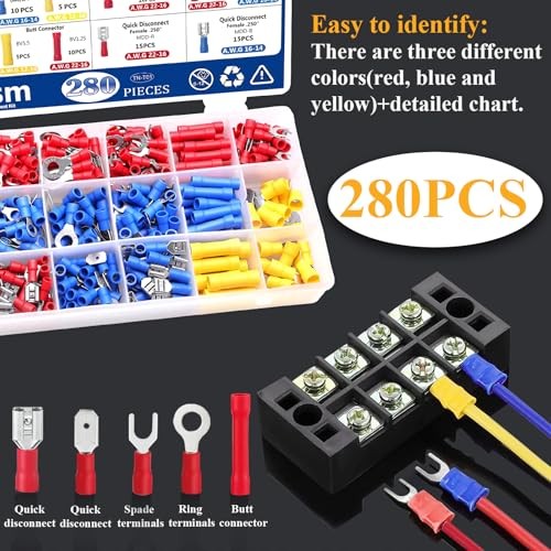 Insulated Wire Crimp Connectors Assortment tinned brass, PVC 280PCS Connectors