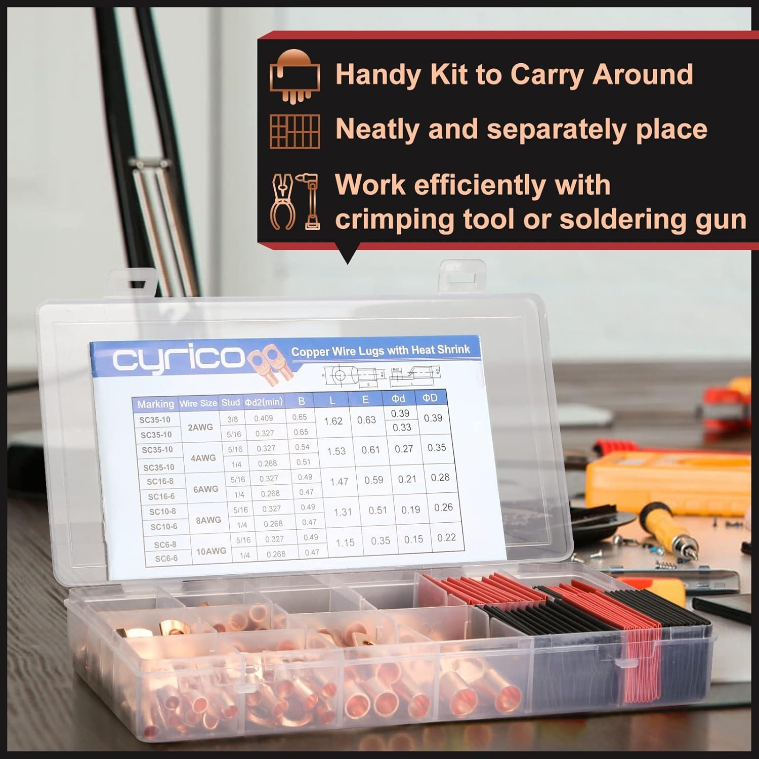 Copper Battery Cable Ends Wire Lugs Assortment Kit AWG 2 4 6 8 10 Gauge 150pcs
