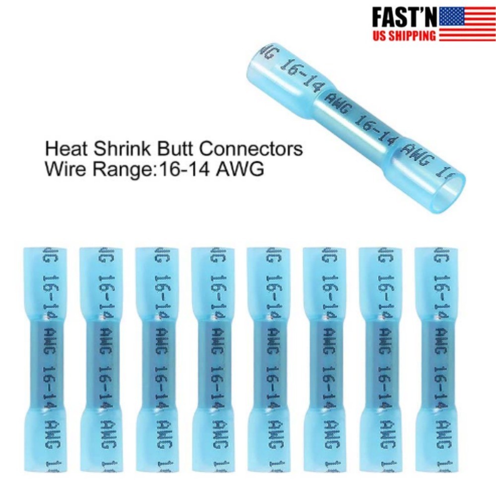 100pcs Insulated Heat Shrink Butt Wire Connector Blue/Red 22-14AWG Terminal Kit