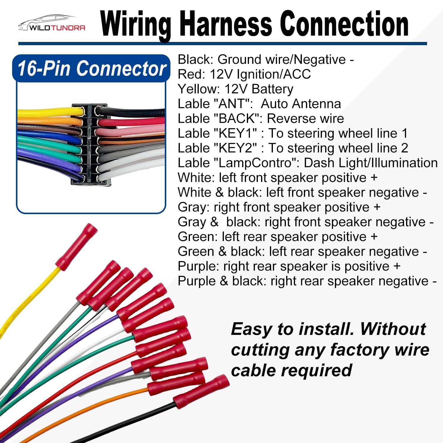 Radio Wiring Harness Kit for Android Car Stereo 16Pin ISO Wire Black