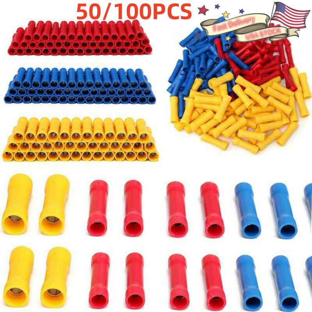 50/100PCS PVC/Vinyl Butt Splice Crimp Connectors Terminals AWG 22-16 16-14 12-10