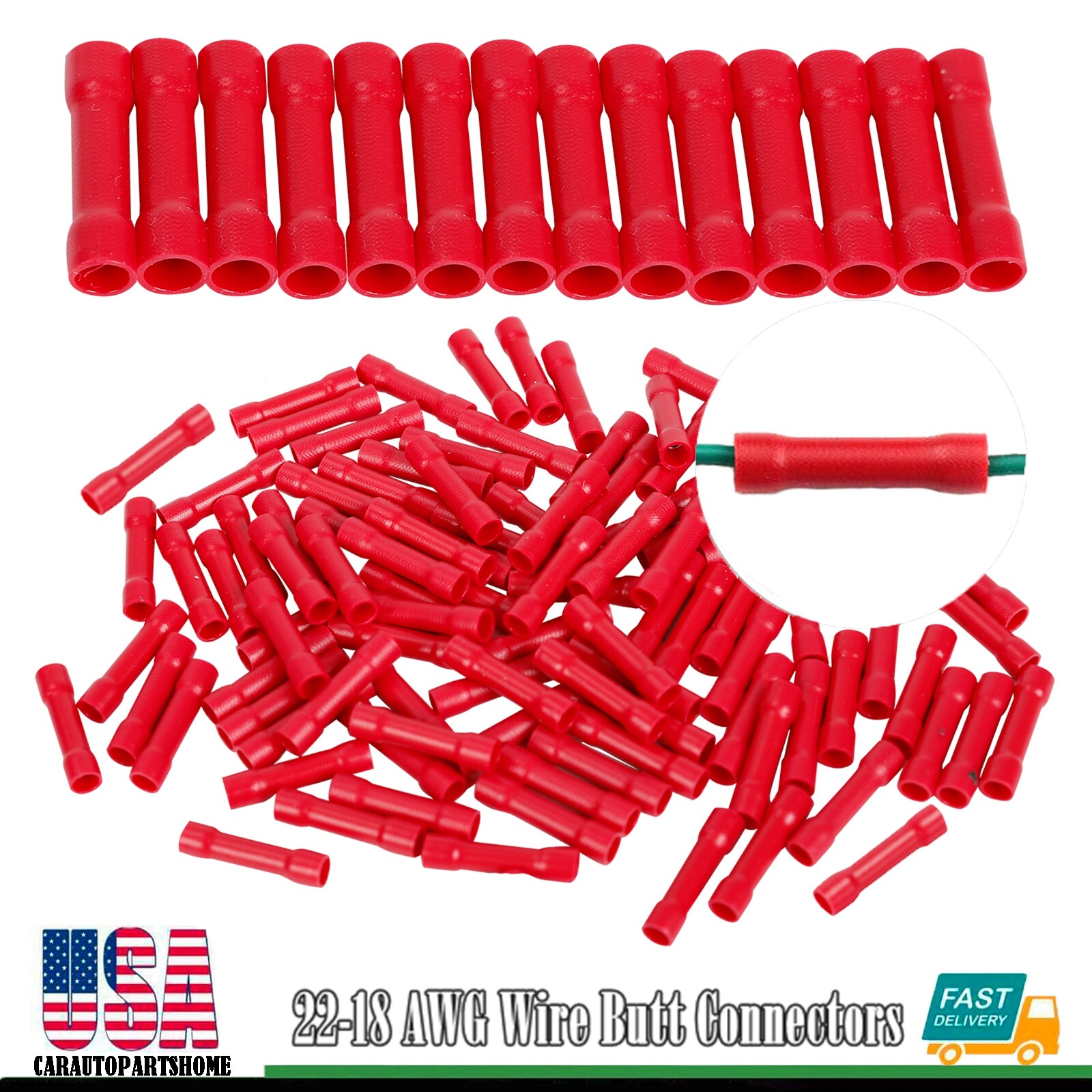 1000Pcs 22-18 Gauge AWG Ga Wire Butt Connectors Vinyl Car Radio Terminals Red
