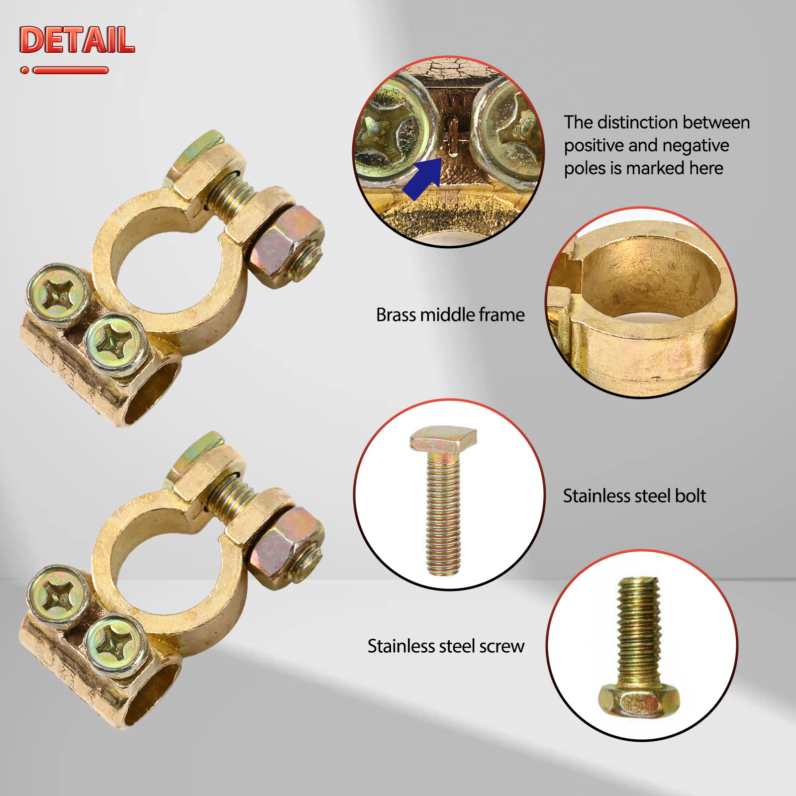 2 x Pure Brass Battery Terminals Connectors Clamps Top-Post Protector w/ Washers