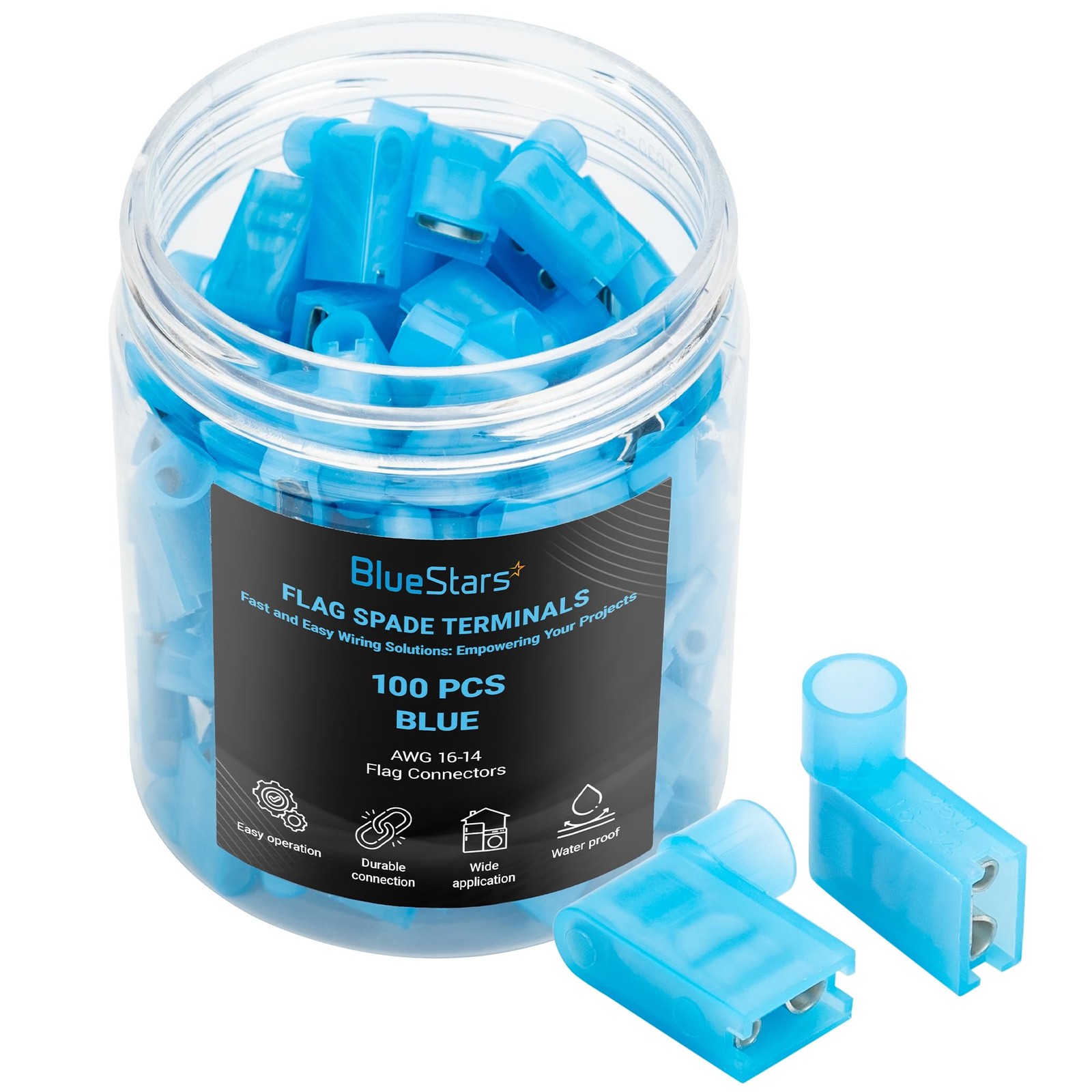 100 PCS Blue Flag Spade Terminals Female, AWG 16-14, 400V, 15A Electrical Connec