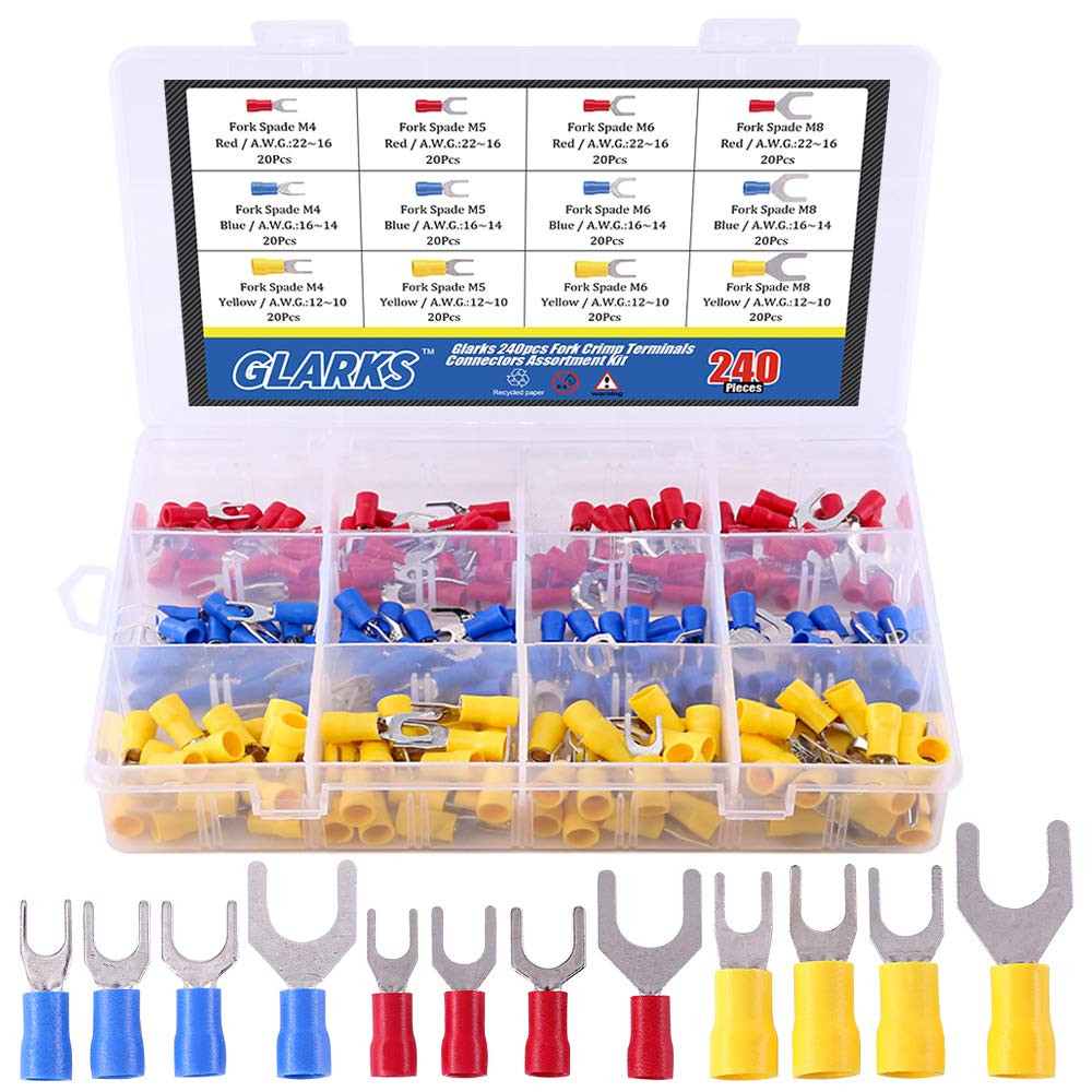 240Pcs 22-16/16-14/12-10 Gauge Fork Spade Quick Splice Crimp Terminals Connector