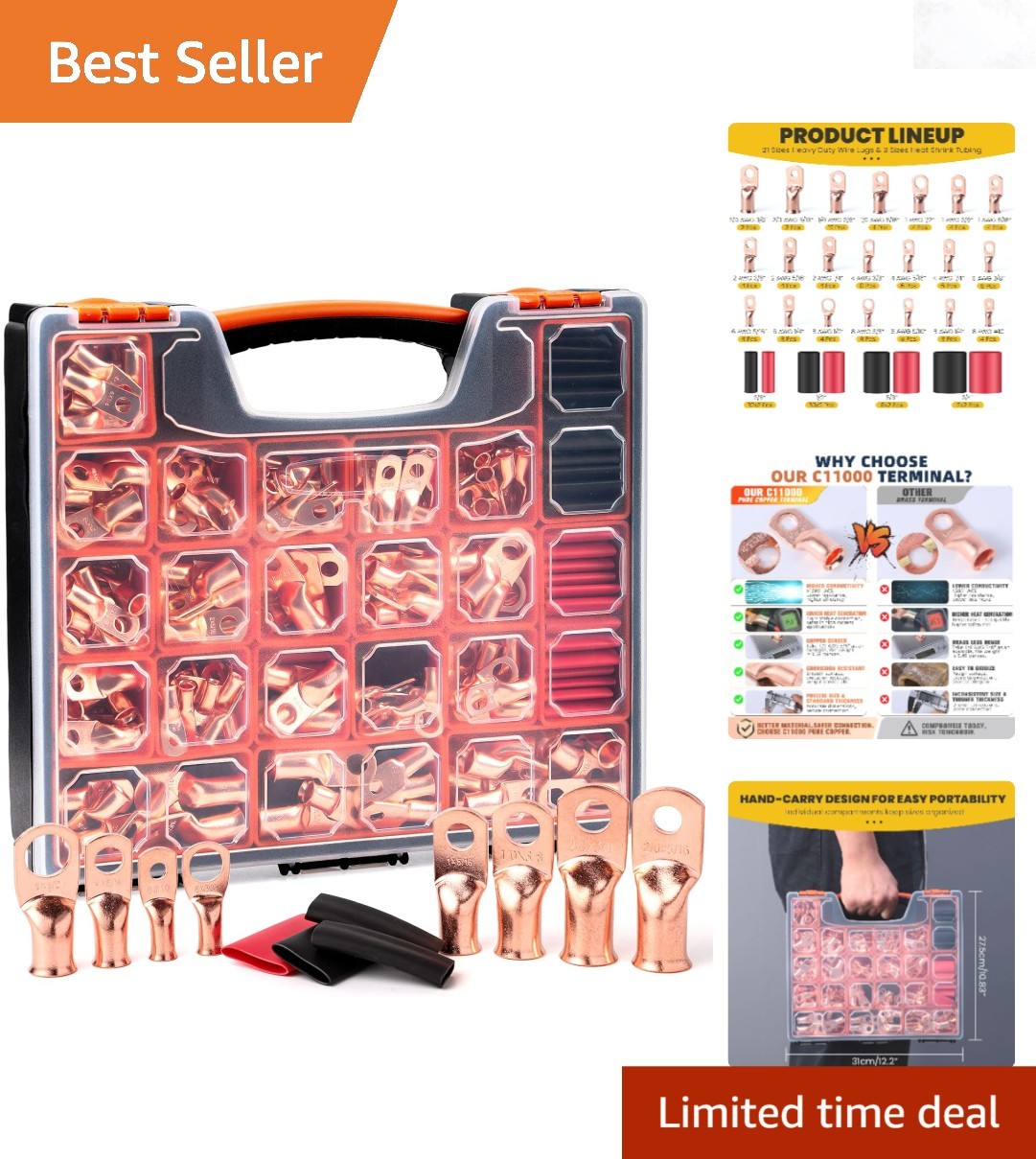 264 pcs Battery Cable Ends Kit Copper Lugs Ring Terminals with Heat Shrink Tu…