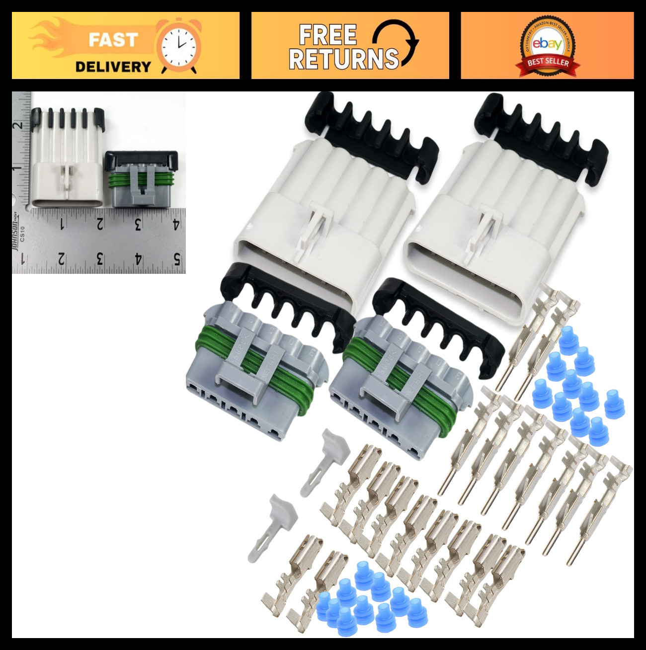 2-Pack 30Amp Waterproof 5-PIN Connector Terminals & Seals for 10-12 AWG Wire