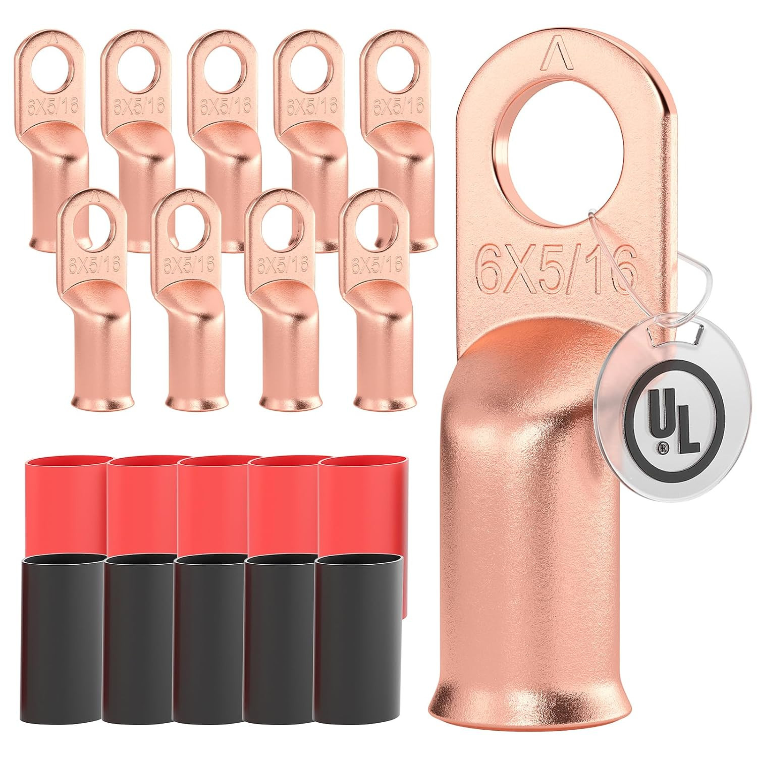 10 PCS UL Listed 6 AWG – 5/16″ Battery Cable Lugs, Heat Shrink Ring Terminals En
