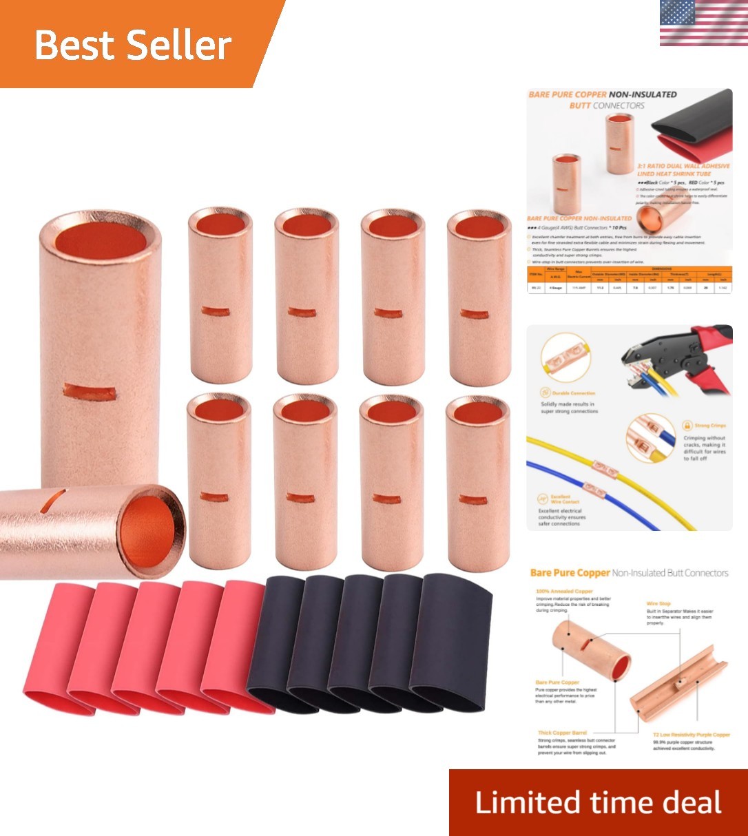 10PCS 4 Gauge Butt Connectors 4 AWG Non Insulated Butt Splice Connectors Unin…