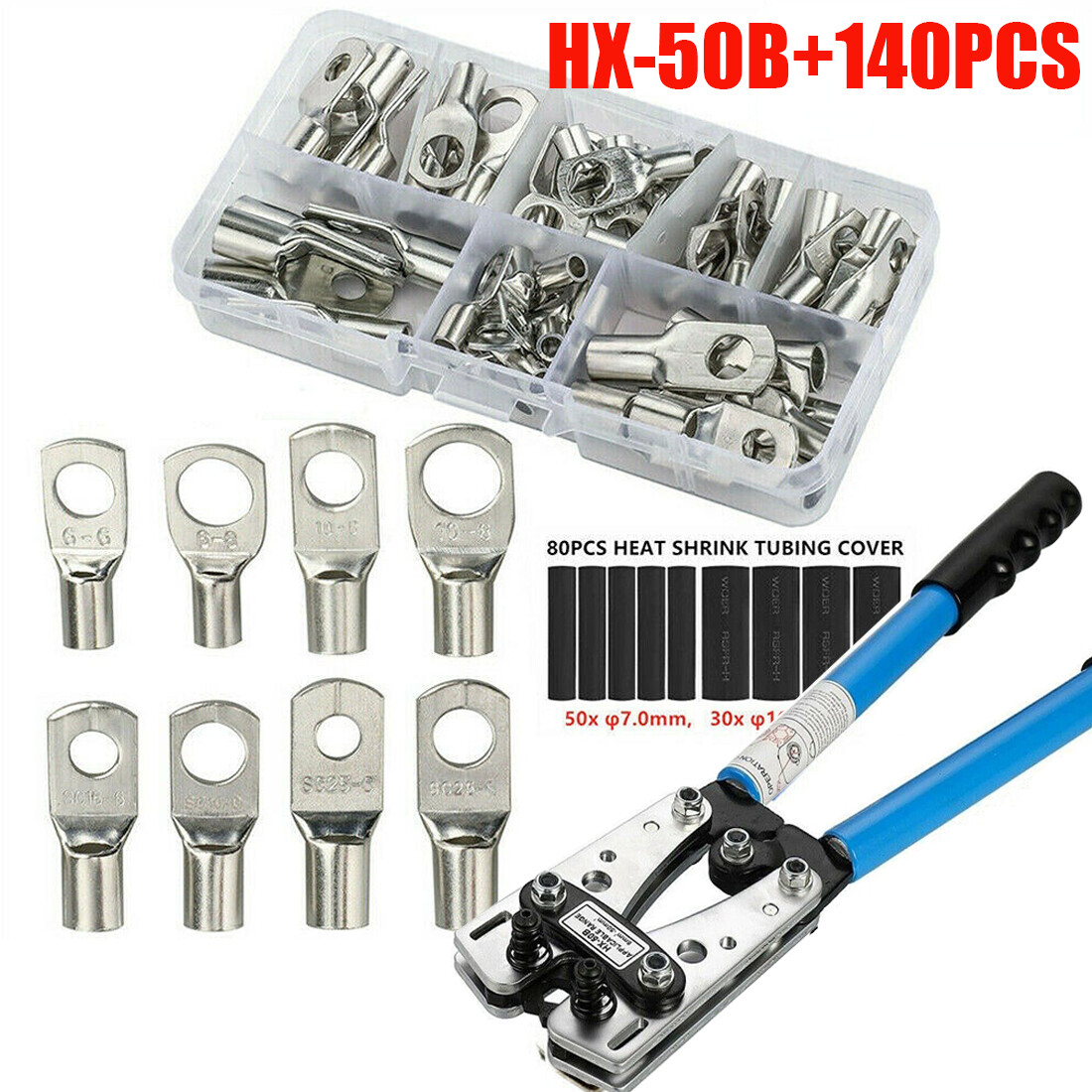 200Pcs Assorted Copper Ring Lugs Terminal Wire Bare Cable Crimp Connectors Kit