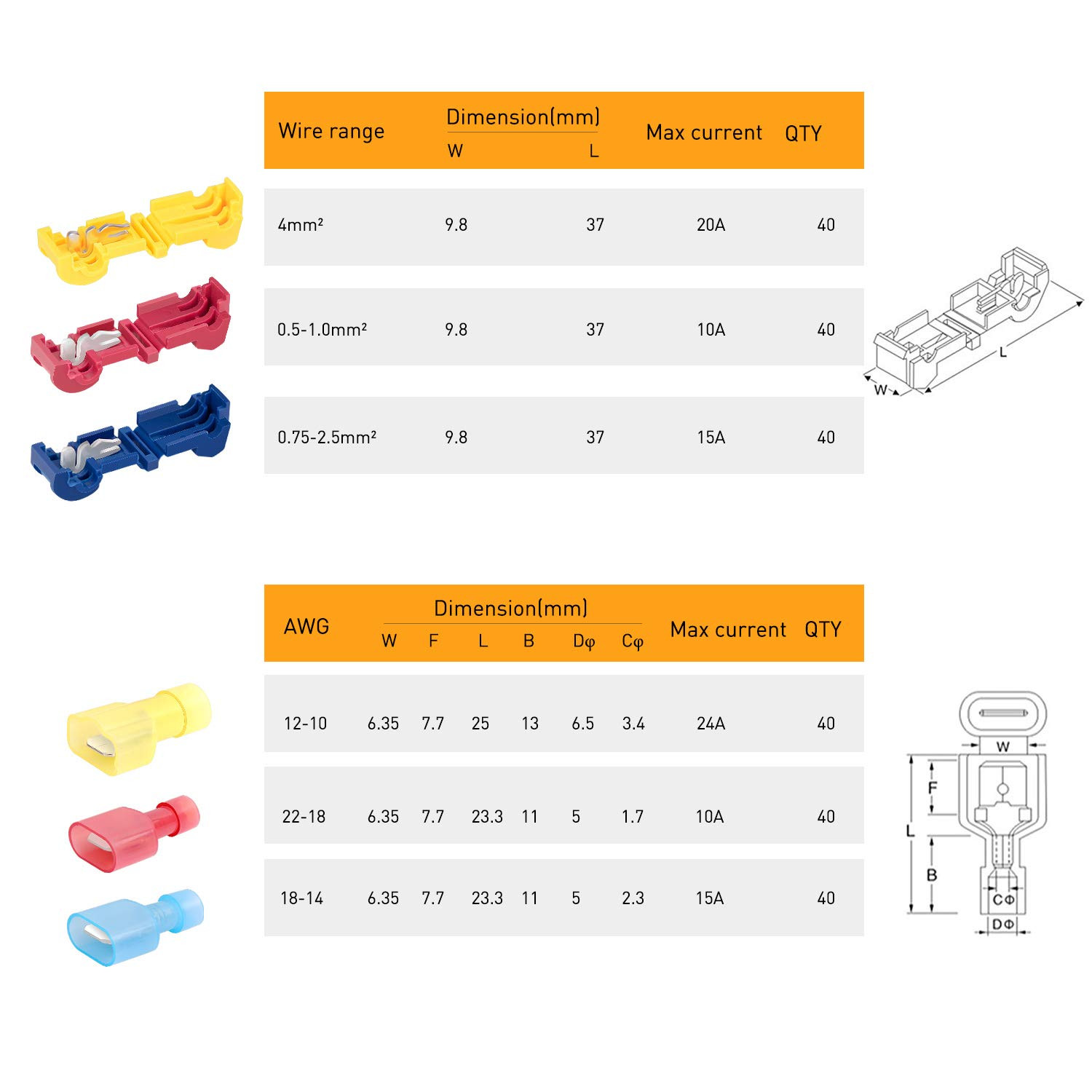 Nilight – 50031R 240 Pcs/120 Pairs Splice Wire Terminals T-Tap Self-Stripping