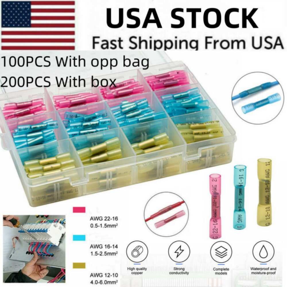 200/100PCS 22-10AWG Heat Shrink Butt Wire Splice Connectors Seal Crimp Terminal