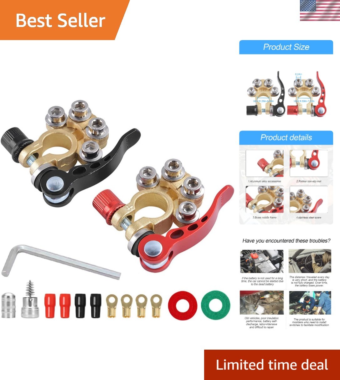 Car Battery Terminal Kit – 2 Pcs, 4-Way, SAE/JIS Type A, Brass, Clamp Mount