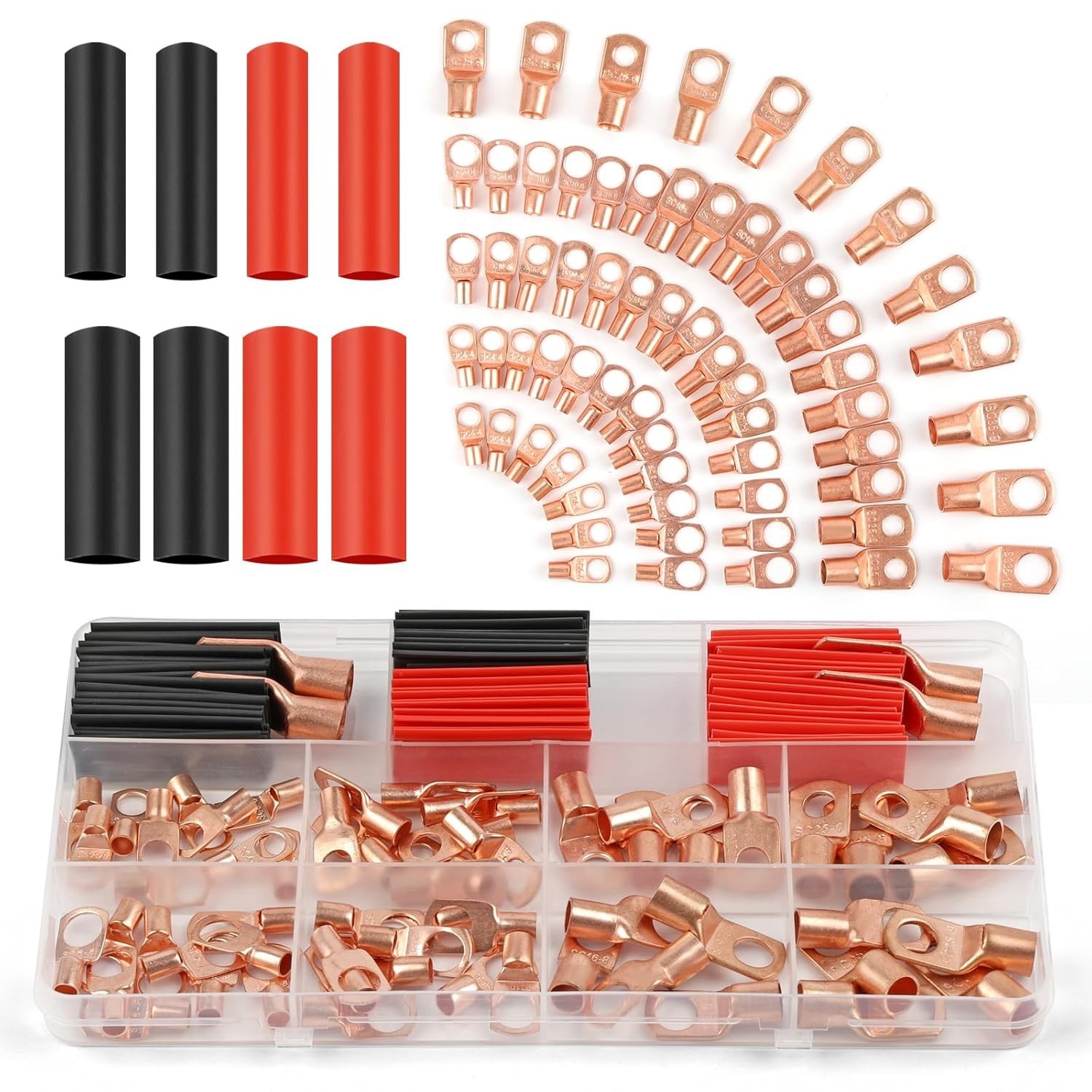 130 Pcs Copper Wire Lugs, 64 Pcs Battery Cable Lugs for AWG 2 4 6 8 10 12