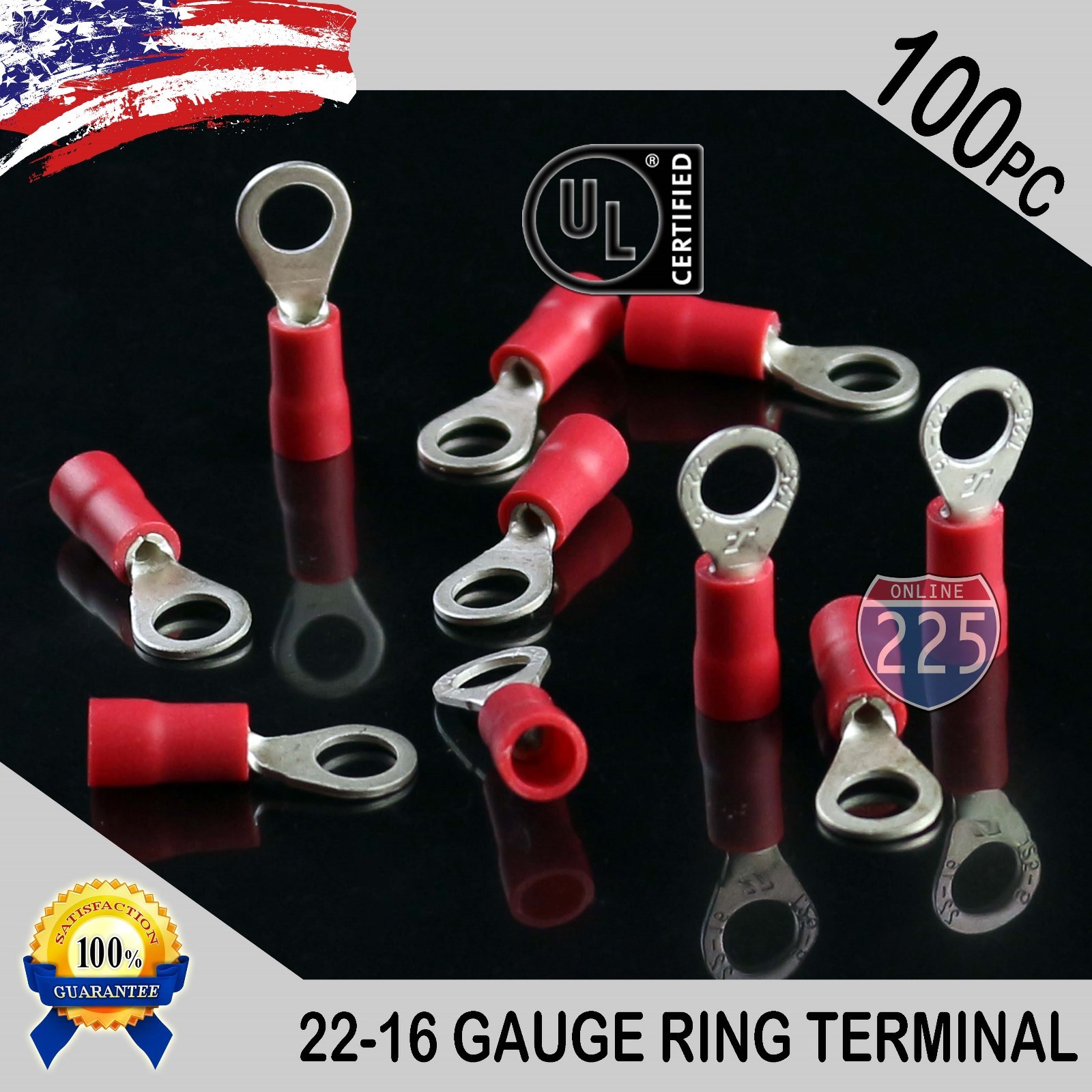 100 PACK 22-16 Gauge #10 Stud Insulated Vinyl Ring Terminals Tin Copper Core US