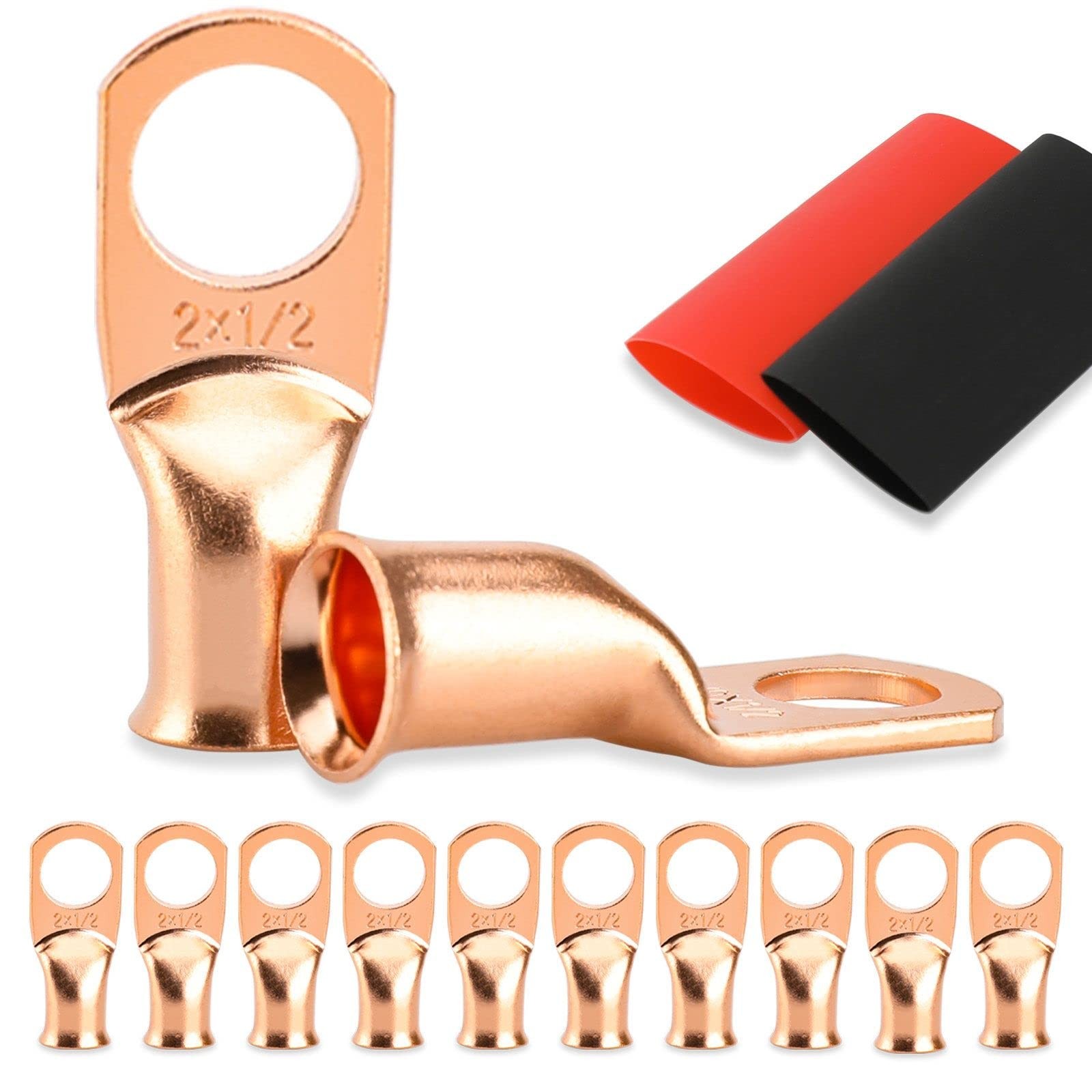 10PCS Battery Cable Ends, 2 Gauge Wire Connectors 1/2 2AWG*1/2″(M12), Copper