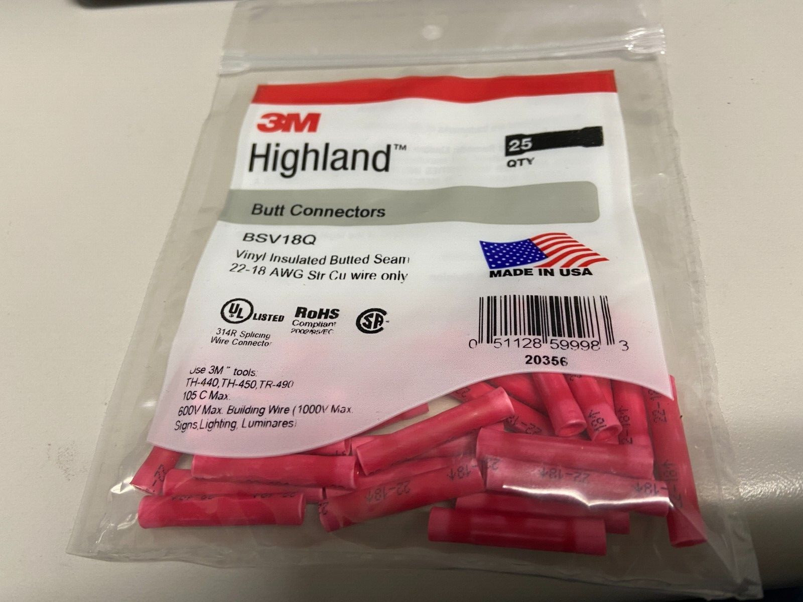 3M BSV18Q Vinyl-Insulated Butted-Seam Butt Connector 22-18 AWG Red 25PK