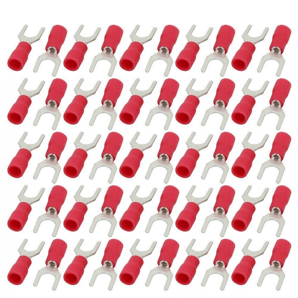 100Pcs Red Pre-Insulated Fork Type Terminals Wire Crimp Connectors Kit AWG22-16