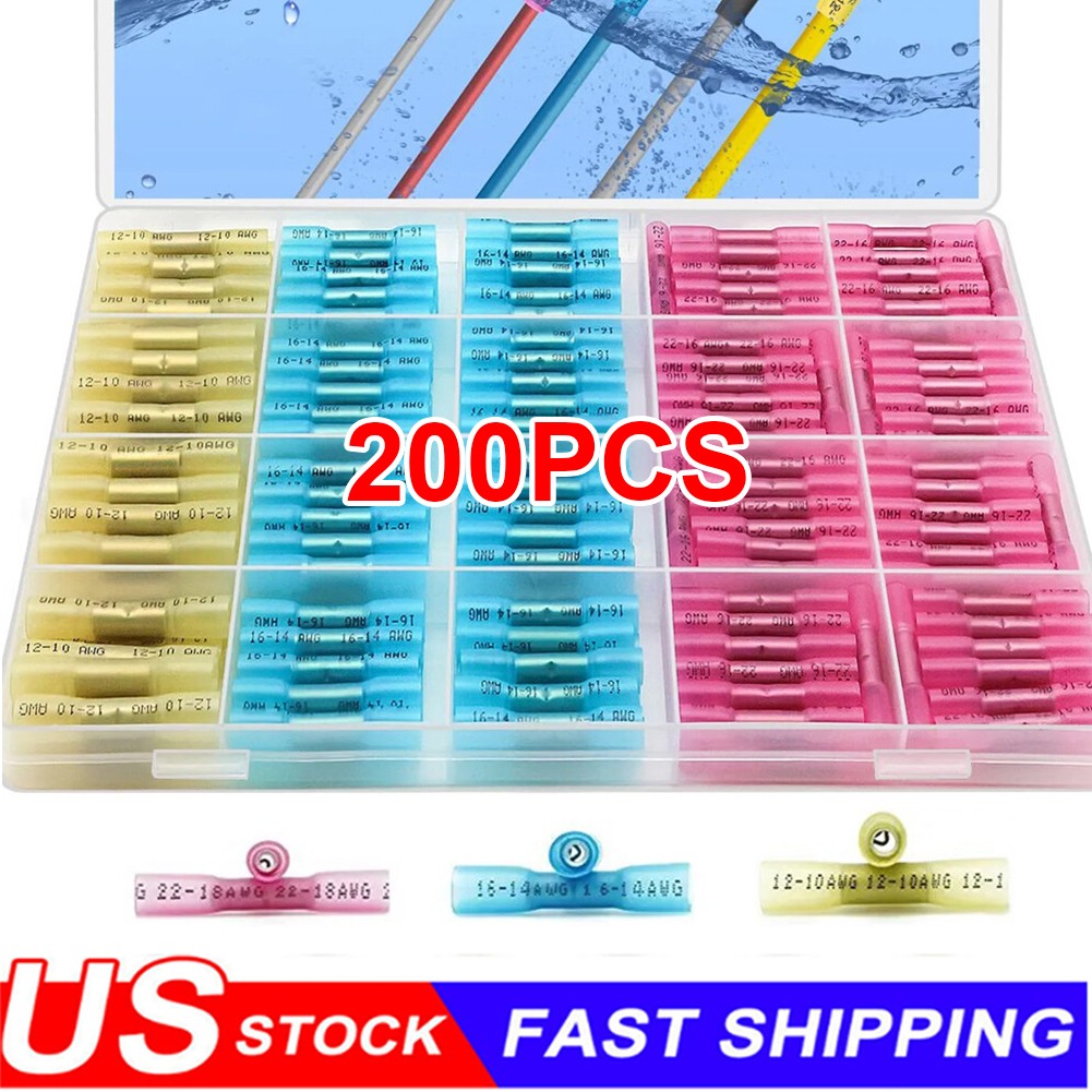 200x Heat Shrink Butt Wire Connector Kit Marine Waterproof Crimp Splice Terminal