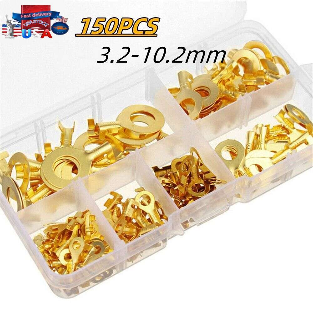 150pcs Open Barrel Wire Crimp Non-Insulated Copper Ring Lugs Cable Terminal Kit
