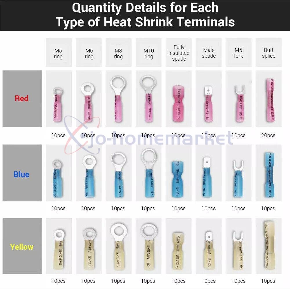 250x Heat Shrink Wire Connectors Electrical Ring Fork Spade Crimp Terminals Kit