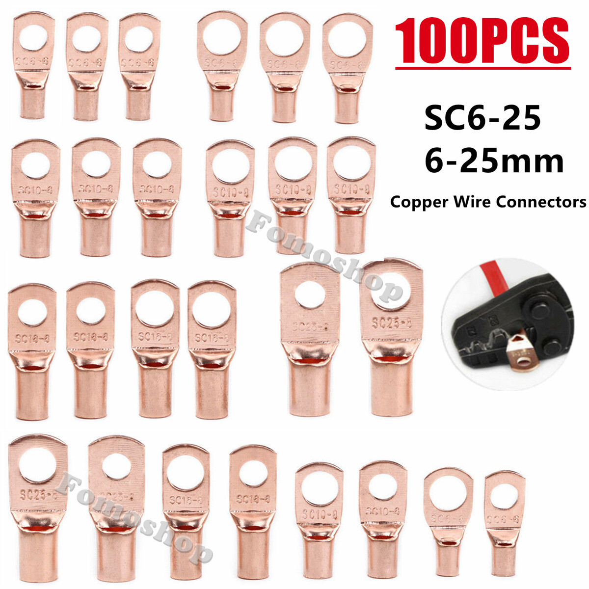 100Pcs Copper Ring Cable Lug Terminal Battery SC Crimp Electrical Wire Connector